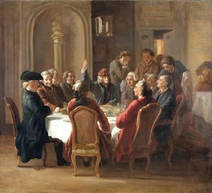 Maleriet Patriarkens siste måltid av Jean Huber (1772) fremstiller et måltid hos opplysningstenkeren Voltaire (ved bordenden). Kilde: University of Oxford BOKOMTALE: