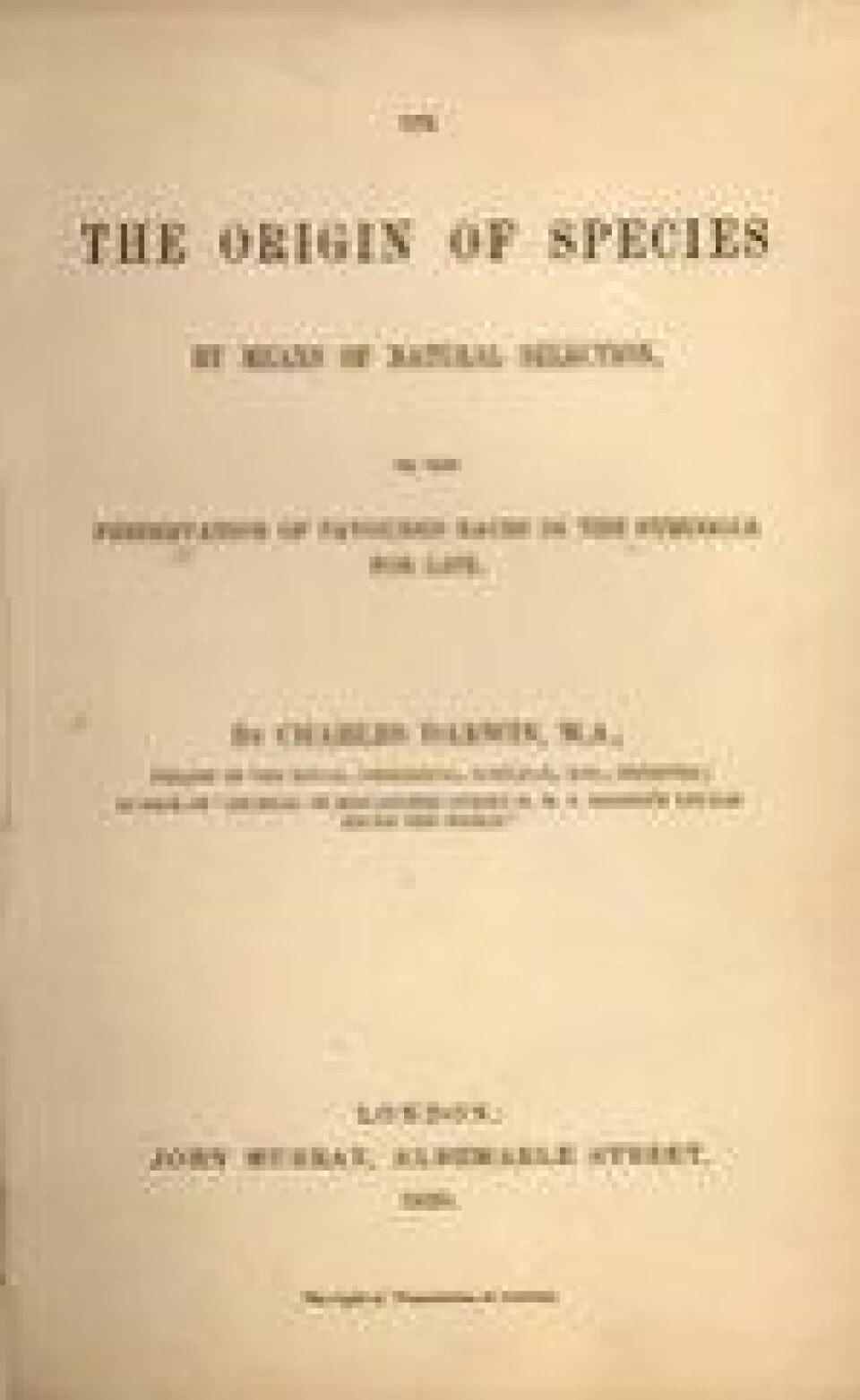 Tittelsida i The Origin of Species frå 1859. (Kjelde: Wikimedia commons) Tittelsida i The Origin of Species frå 1859. (Kjelde: Wikimedia commons)