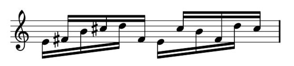 I verket Piano Phase av Steve Reich blir desse tolv notane repeterte eit utal gongar av to piano som spelar i litt ulike hastigheiter. Den musikalske variasjonen i stykket blir skapt av at pianoa fasar ut og inn av synkronisering med kvarandre. (Kjelde: Wikimedia Commons) I verket Piano Phase av Steve Reich blir desse tolv notane repeterte eit utal gongar av to piano som spelar i litt ulike hastigheiter. Den musikalske variasjonen i stykket blir skapt av at pianoa fasar ut og inn av synkronisering med kvarandre. (Kjelde: Wikimedia Commons)