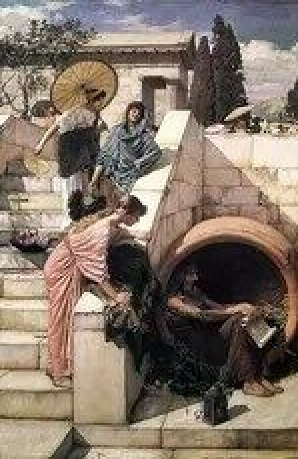 Diogenes fra Sinope bodde i en tønne og eide visstnok bare en kappe, en stokk og en brødpose. Maleri av John William Waterhouse (1882). (Kilde: Wikimedia commons) Diogenes fra Sinope bodde i en tønne og eide visstnok bare en kappe, en stokk og en brødpose. Maleri av John William Waterhouse (1882). (Kilde: Wikimedia commons)