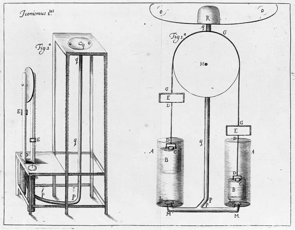 Skisse av Robert Boyles tredje luftpumpe. (Kilde: Wikimedia Commons/Wellcome Images) Skisse av Robert Boyles tredje luftpumpe. (Kilde: Wikimedia Commons/Wellcome Images)