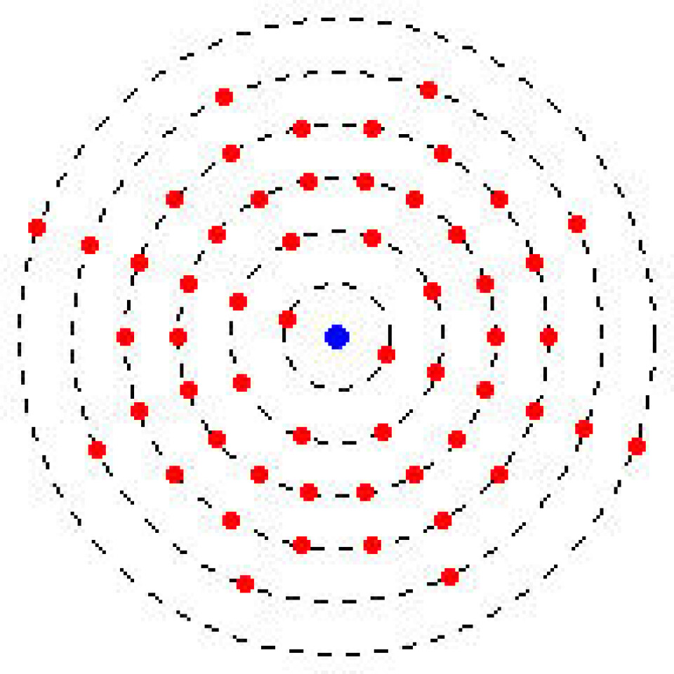 Modell av bariumatom. (Kilde: Wikimedia Commons) Modell av bariumatom. (Kilde: Wikimedia Commons)