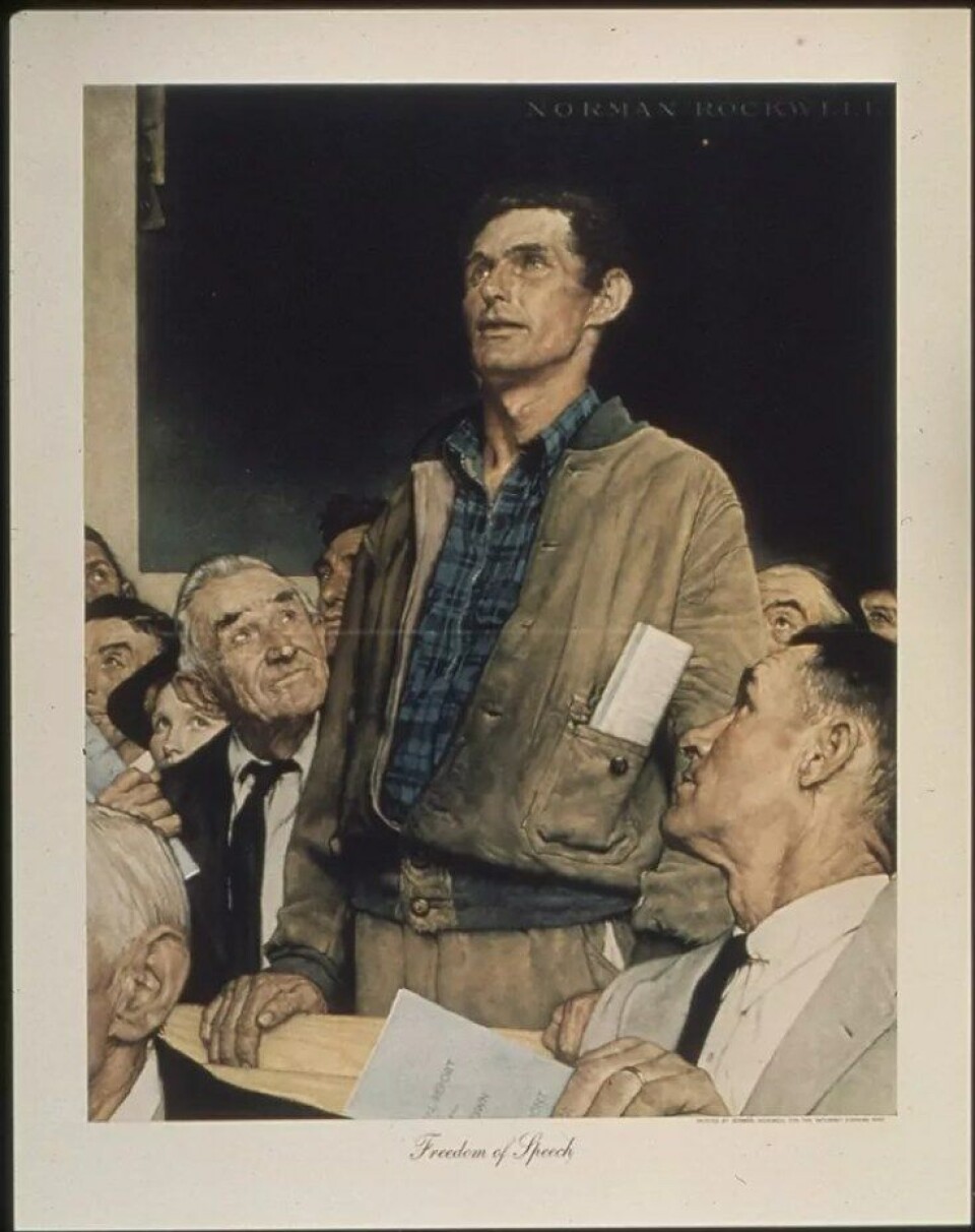Freedom of speech fra mellom 1941-1945 av Norman Rockwell (1894-1978). Kilde: Wikimedia Commons Freedom of speech fra mellom 1941-1945 av Norman Rockwell (1894-1978). Kilde: Wikimedia Commons