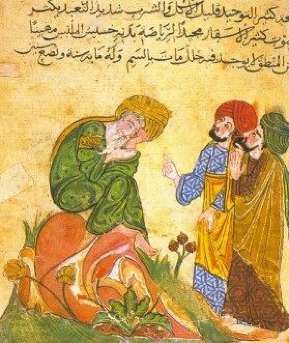 Et arabisk manuskript fra 1300-tallet viser Sokrates i diskusjon med sine elever. (Kilde: Wikimedia commons)