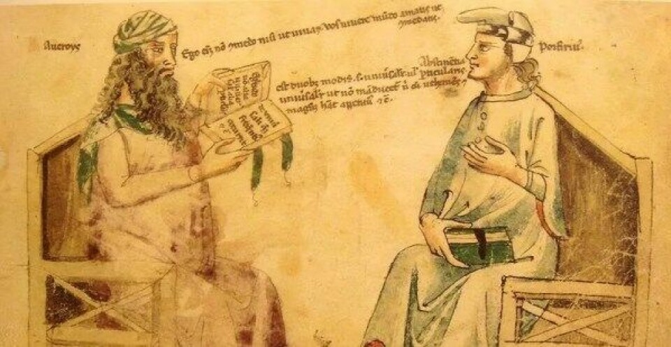 Averroës i diskusjon med Porfyrios. Tegning fra 1300-tallet. (Kilde: Wikimedia commons)