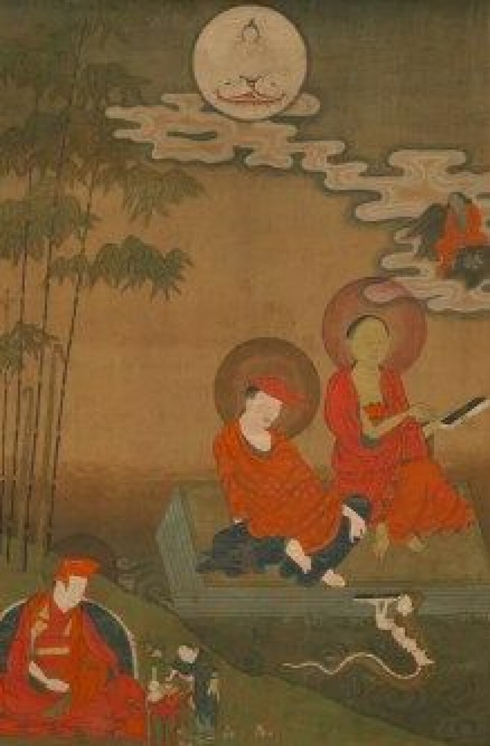Nagarjuna and Aryadeva as Two Great Indian Buddhist Scholastics. Maleri fra 1900-tallet, ukjent kunstner. (Kilde: Wikimedia commons)