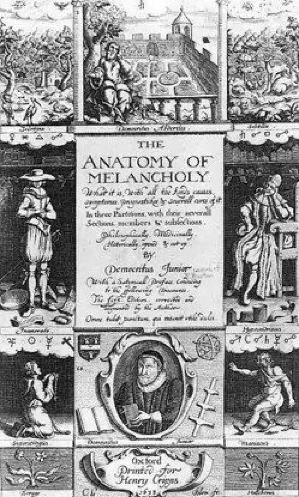 Tittelside på 1638-utgaven av Robert Burtons The Anatomy of Melancholy. Melankolien er «et påfallende hyppig tilbakevendende emne i essayistikkens historie», skriver Melberg. (Kilde: Wikimedia Commons)