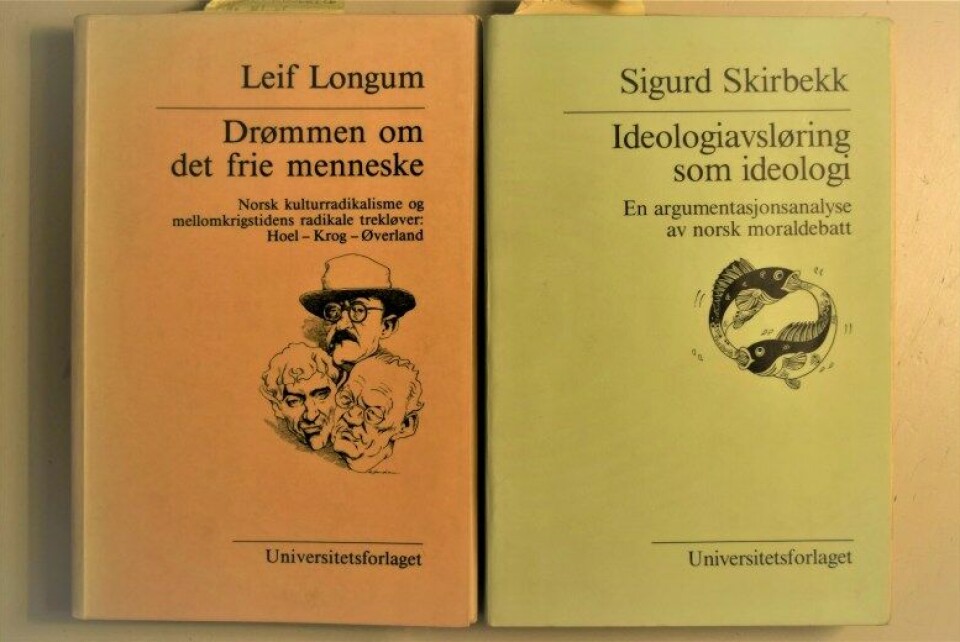 To avhandlinger om kulturradikalismen utkom på Universitetsforlaget 1986: Leif Longums standardverk Drømmen om det frie menneske og Sigurd Skirbekks doktoravhandling Ideologiavsløring som ideologi. (Foto: Per Anders Aas)
