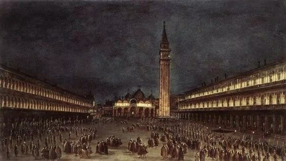 Nattlig prosesjon på Piazza San Marco i Venezia, malt av Francesco Guardi. (Kilde: Wikimedia commons) Nattlig prosesjon på Piazza San Marco i Venezia, malt av Francesco Guardi. (Kilde: Wikimedia commons)