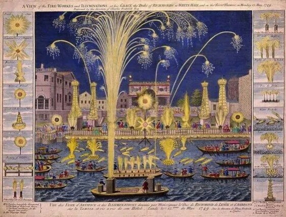 A View of the Fire-Workes and Illuminations at his Grace the Duke of Richmond’s at Whitehall and on the River Thames on Monday 15 May 1749. Opptrinnet ble fremført og dirigert av Charles Fredrick Esq. Georg Friederich Händel hadde komponert sitt Royal Fireworks for anledningen. (Kilde: Wikimedia commons) A View of the Fire-Workes and Illuminations at his Grace the Duke of Richmond’s at Whitehall and on the River Thames on Monday 15 May 1749. Opptrinnet ble fremført og dirigert av Charles Fredrick Esq. Georg Friederich Händel hadde komponert sitt Royal Fireworks for anledningen. (Kilde: Wikimedia commons)