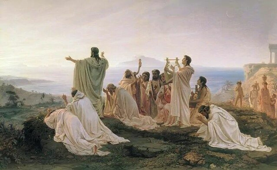 «Pythagoreans celebrate sunrise» av Fyodor Bronnikov (1827-1902). Musikk stod sentralt hos pytagorearane, og deira tankar om harmoni påverka Platon sin filosofi. (Kilde: Wikimedia commons CC0 1.0)