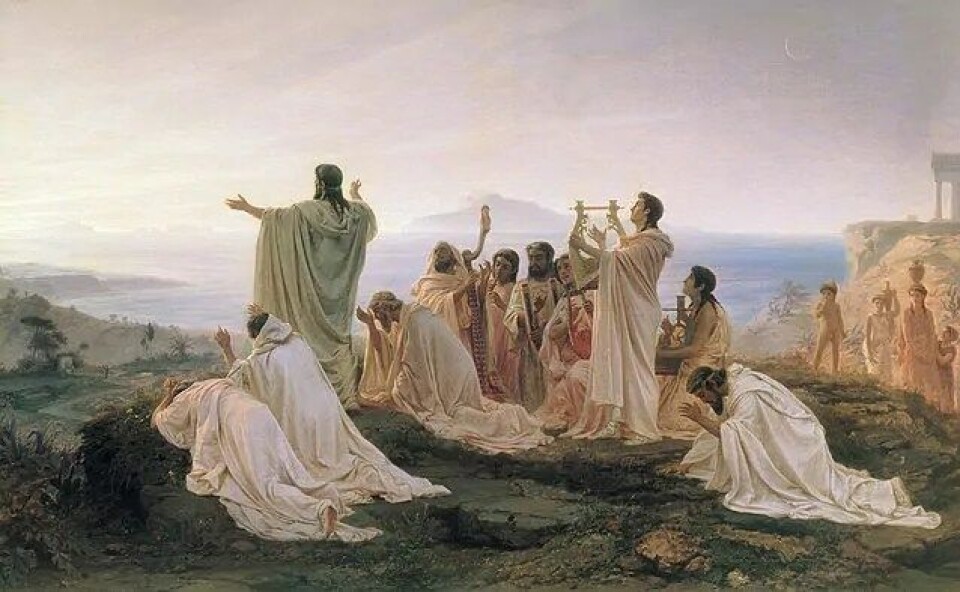 «Pythagoreans celebrate sunrise» av Fyodor Bronnikov (1827-1902). Musikk stod sentralt hos pytagorearane, og deira tankar om harmoni påverka Platon sin filosofi. (Kilde: Wikimedia commons CC0 1.0) «Pythagoreans celebrate sunrise» av Fyodor Bronnikov (1827-1902). Musikk stod sentralt hos pytagorearane, og deira tankar om harmoni påverka Platon sin filosofi. (Kilde: Wikimedia commons CC0 1.0)