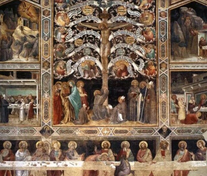 Fortid, nåtid og fremtid møtes i et bilde «til tegn og erindring». Taddeo Gaddi: Livetstre/Lignum Vitae med frem andre scener, ca. 1350. Refektoriet i fransiskanerklosteret SantaCroce i Firenze. Web Gallery of Art.