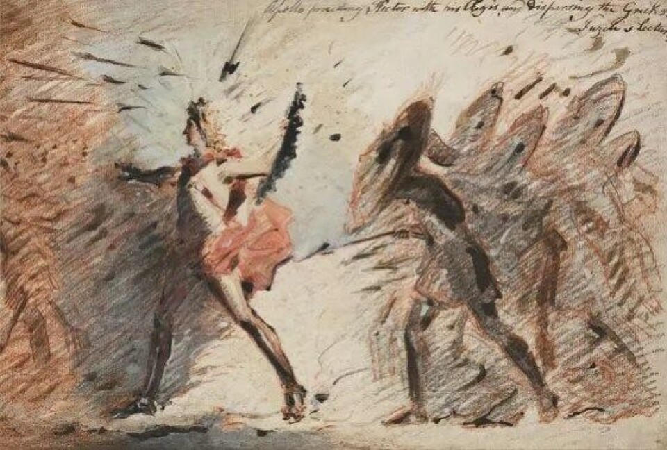 Når Oidipus setter i gang med å nøste opp sannheten om sitt egentlige opphav, tolker Stuart Lawrence utviklingen som et spill fra guden Apollons side. Her illustrert med John Flaxmans Apollo Preceding Hector with His Aegis, and Dispersing the Greeks, Fuseli’s Lectures (Kilde: Wikimedia Commons) Når Oidipus setter i gang med å nøste opp sannheten om sitt egentlige opphav, tolker Stuart Lawrence utviklingen som et spill fra guden Apollons side. Her illustrert med John Flaxmans Apollo Preceding Hector with His Aegis, and Dispersing the Greeks, Fuseli’s Lectures (Kilde: Wikimedia Commons)