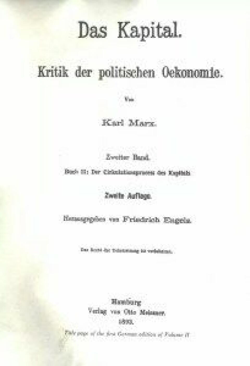 Karl Marx «Das Kapital. Kritik der politischen Oekonomie Buch II». (Kilde: Wikimedia Commons)