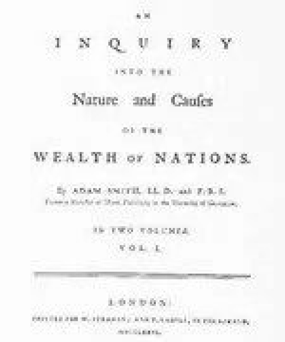 Første side i The Wealth of Nations, utgitt i 1776. (Kilde: Wikimedia commons)