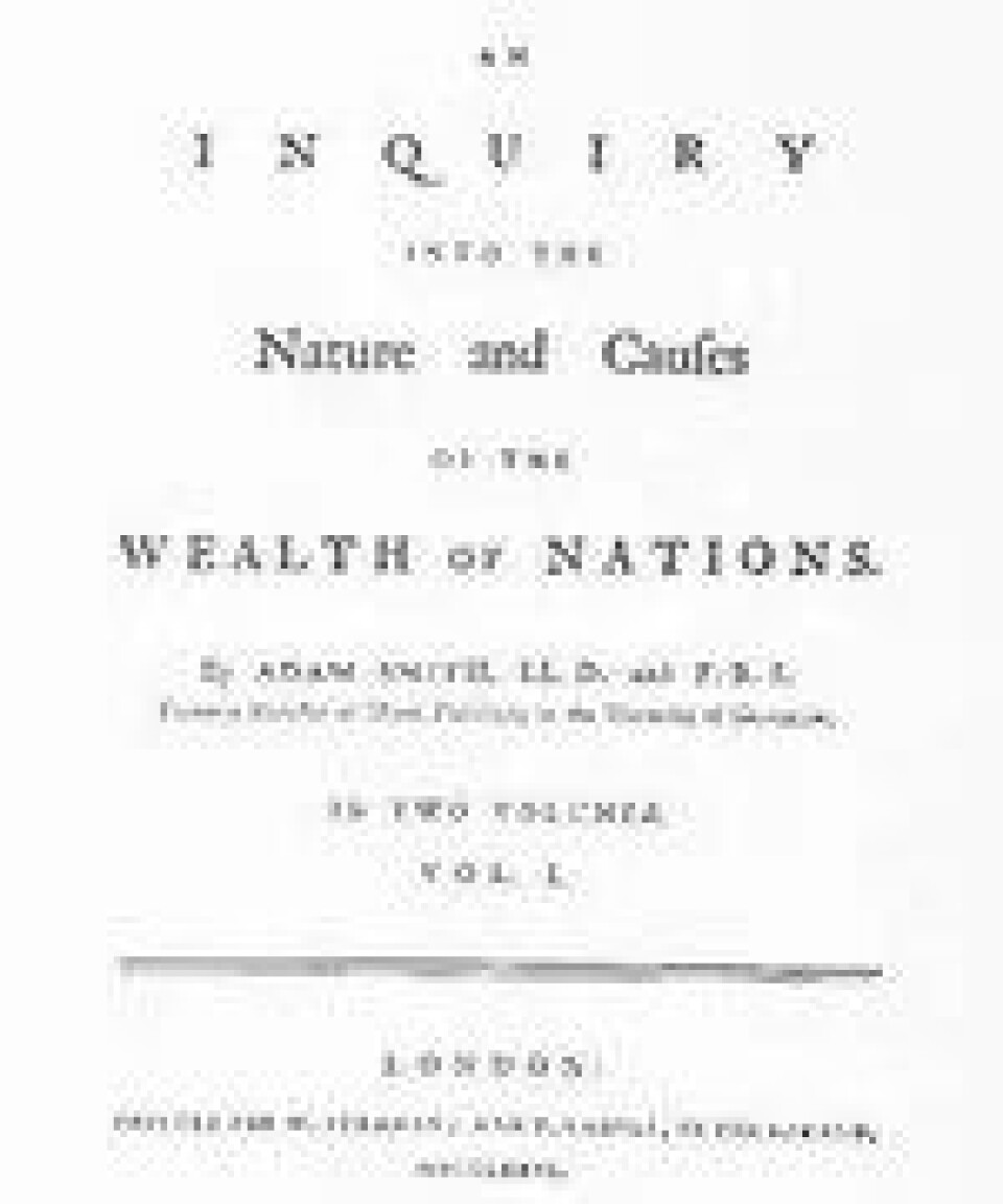 Første side i The Wealth of Nations, utgitt i 1776. (Kilde: Wikimedia commons) Første side i The Wealth of Nations, utgitt i 1776. (Kilde: Wikimedia commons)