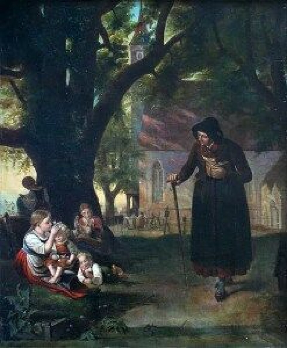 Youth and Old Age Meet Near a Church. Ukjent kunstner. (Kilde: Wikimedia commons)