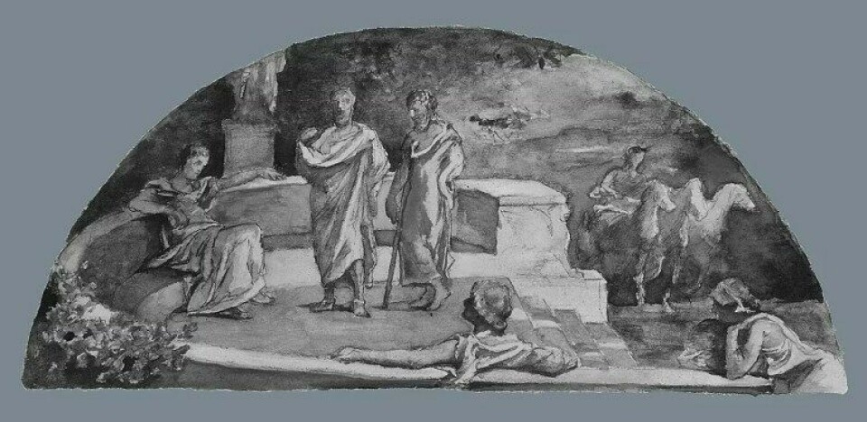 Sokrates og venner diskuterer Staten. Vannmaleri av John La Farge. (Kilde: Wikimedia Commons)