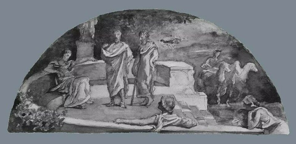 Sokrates og venner diskuterer Staten. Vannmaleri av John La Farge. (Kilde: Wikimedia Commons) Sokrates og venner diskuterer Staten. Vannmaleri av John La Farge. (Kilde: Wikimedia Commons)