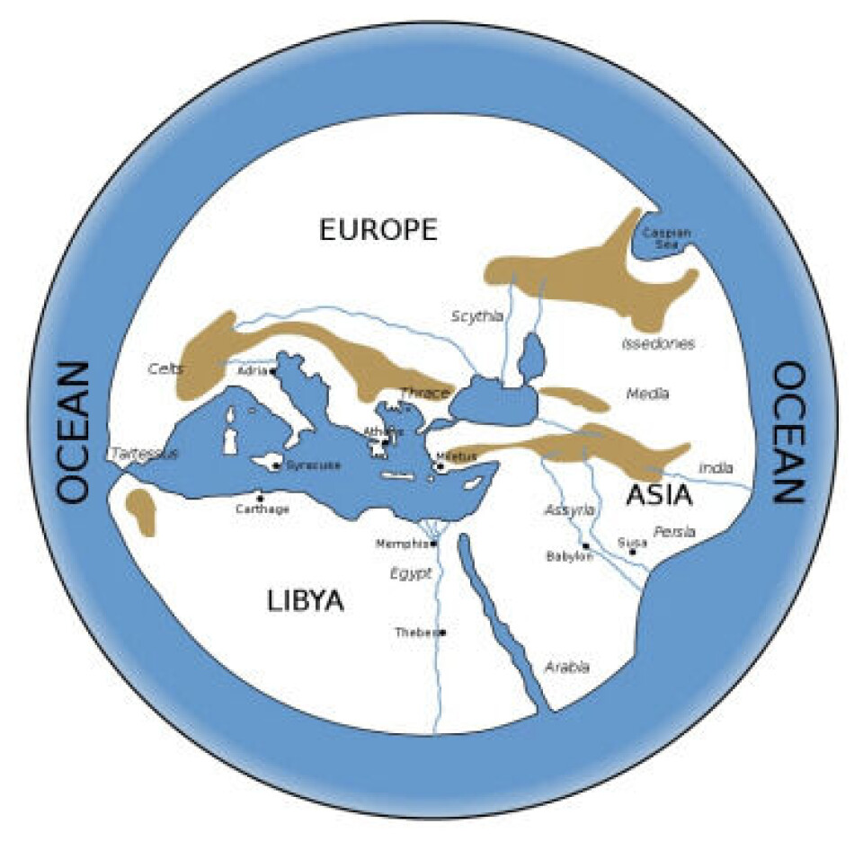 «Gresk verdenskart». En moderne rekonstruksjon av Hecataeus av Miletus’ sitt verdenskart (Kilde: Wikimedia commons.) «Gresk verdenskart». En moderne rekonstruksjon av Hecataeus av Miletus’ sitt verdenskart (Kilde: Wikimedia commons.)