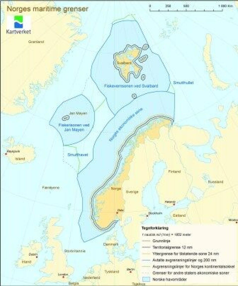 Norges maritime territorialgrenser. (Hentet fra kartkatalogen til GeoNorge.) Norges maritime territorialgrenser. (Hentet fra kartkatalogen til GeoNorge.)