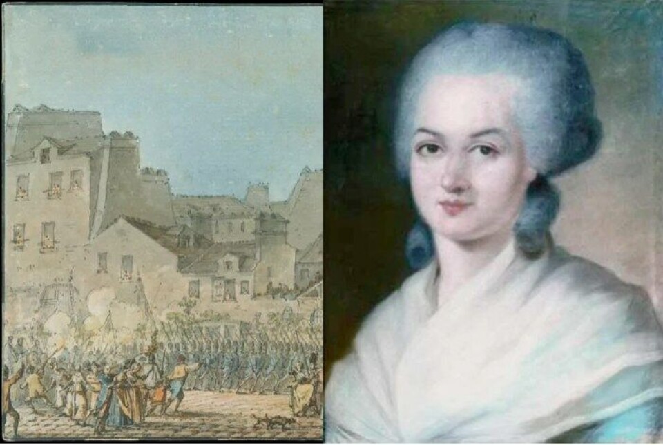 «Kvinnen har rett til å bestige skafottet, da skal hun også ha rett til å bestige talerstolen», poengterer de Gouges (1748–1793). Illustrasjon: Utsnitt av Louis XVI Entering Paris, October 6, 1789 av Joseph-François Schwebach og de Gouges portrettert av Alexandre Kucharski. (Kilde: Wikimedia commons) «Kvinnen har rett til å bestige skafottet, da skal hun også ha rett til å bestige talerstolen», poengterer de Gouges (1748–1793). Illustrasjon: Utsnitt av Louis XVI Entering Paris, October 6, 1789 av Joseph-François Schwebach og de Gouges portrettert av Alexandre Kucharski. (Kilde: Wikimedia commons)