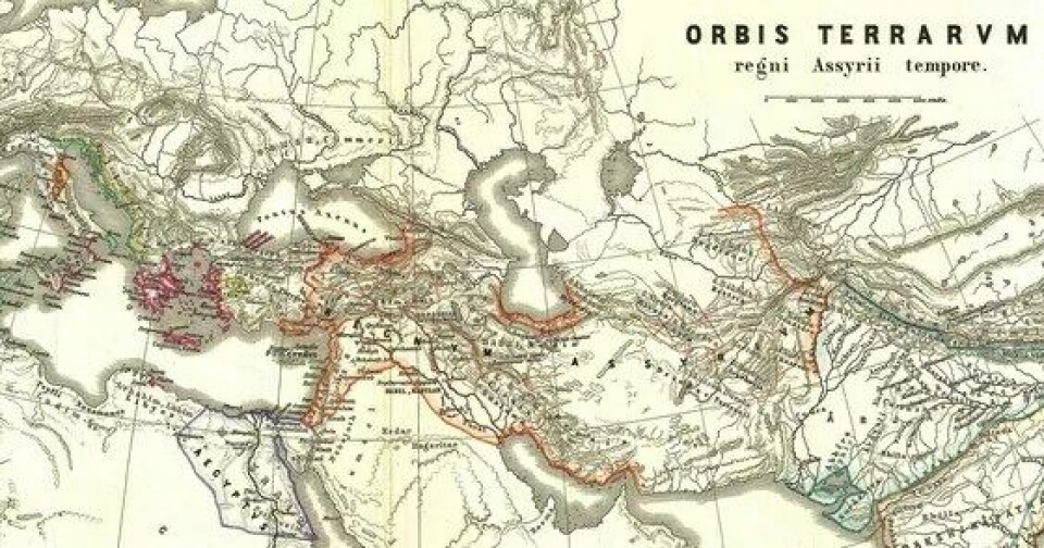 Utsnitt fra Karl von Spruners kart fra 1865. Orbis Terrarum Regni Assyrii Tempore, eller Verden på det assyriske rikets tid (Kilde: Geographicus Rare Antique Maps/Wikimedia commons)