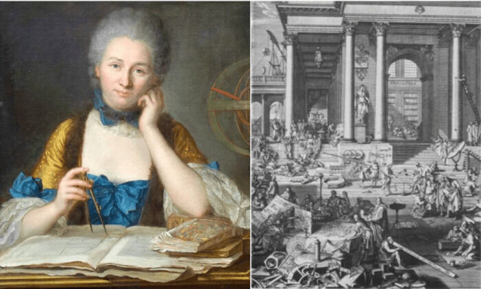 Troen på at naturen som helhet eksisterer på en systematisk ordnet måte, var en drivkraft bak det filosofiske prosjektet til Émilie du Châtelet (1706–1749). Til høyre: Illustrasjon av Académie des Sciences (1698). (Kilder: Wikimedia commons) Troen på at naturen som helhet eksisterer på en systematisk ordnet måte, var en drivkraft bak det filosofiske prosjektet til Émilie du Châtelet (1706–1749). Til høyre: Illustrasjon av Académie des Sciences (1698). (Kilder: Wikimedia commons)