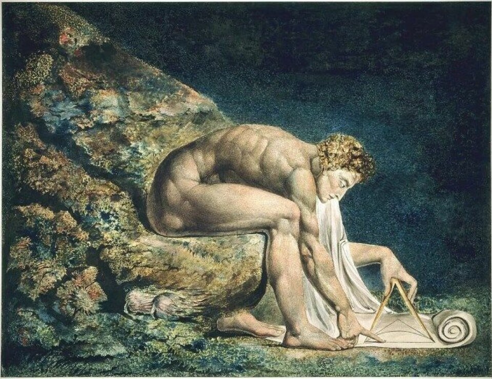 – Ser vi fremover er det et åpent spørsmål om matematikken vil gi oss ro i sjelen, men vi kan glede oss over at store tenkere har etterlatt seg besynderlige spor på deres ferder kring et av den menneskelige erkjennelses ytterpunkter. Illustrasjon: Newton (1795) av William Blake (via Wikimedia commons).