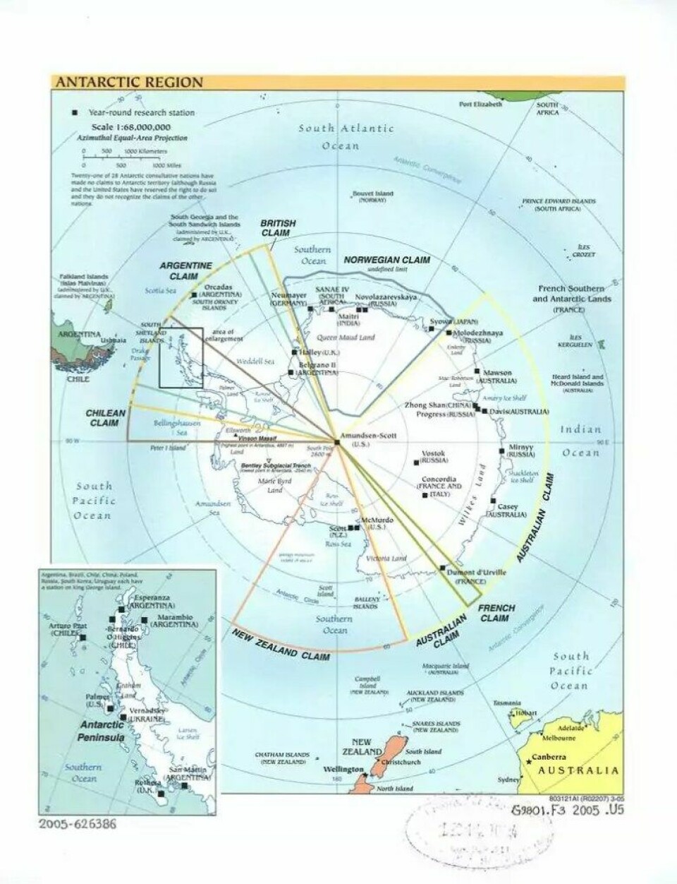 De ulike landenes krav på Antarktis. (Foto: wikimedia commons)
