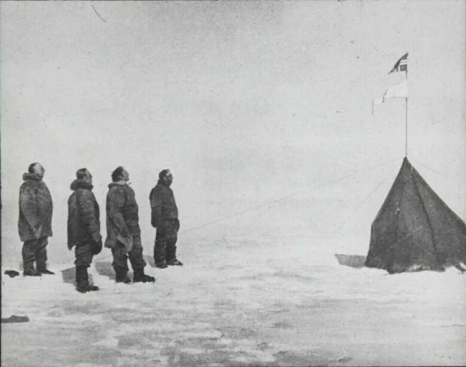 Roald Amundsens sydpolekspedisjon 1911. Amundsen, H. Hanssen, Hassel og Wisting på Sydpolen på avreisedagen. Nordmennene hadde oppholdt seg noen dager på polpunktet og gjort forskjellige vitenskapelige observasjoner. Til høyre stod teltet som Rønne hadde sydd. I det la man igjen noen ord til Scott, et brev til kong Haakon VII, og noen observasjonsinstrumenter og klesplagg. Ferden fra Framheim til polpunktet og tilbake tok 99 dager og omtrent 3000 km ble tilbakelagt. (Foto: Norsk Polarinstitutt) Roald Amundsens sydpolekspedisjon 1911. Amundsen, H. Hanssen, Hassel og Wisting på Sydpolen på avreisedagen. Nordmennene hadde oppholdt seg noen dager på polpunktet og gjort forskjellige vitenskapelige observasjoner. Til høyre stod teltet som Rønne hadde sydd. I det la man igjen noen ord til Scott, et brev til kong Haakon VII, og noen observasjonsinstrumenter og klesplagg. Ferden fra Framheim til polpunktet og tilbake tok 99 dager og omtrent 3000 km ble tilbakelagt. (Foto: Norsk Polarinstitutt)