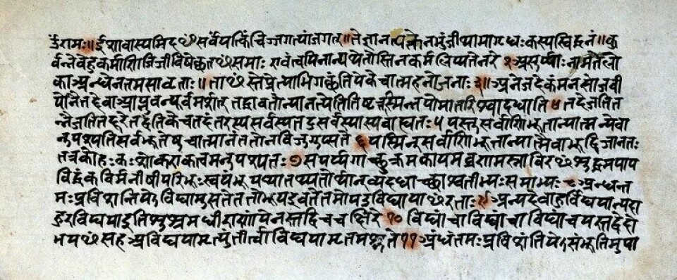 – Upanishad betyr «sitte ved» på sanskrit, og de omtrent 100 klassiske upanishadtekstene er de viktigste drøftelsene vi har av de enda eldre vedaskriftene fra India. (Ilustrasjon: Wikimedia commons / Wellcome Images)