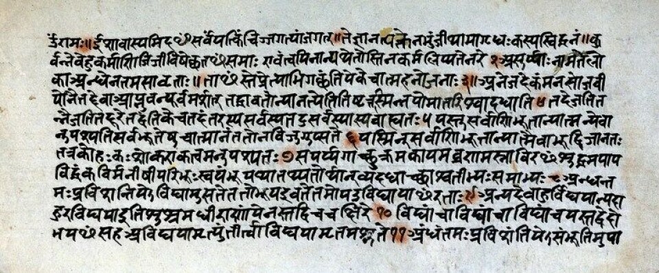 – Upanishad betyr «sitte ved» på sanskrit, og de omtrent 100 klassiske upanishadtekstene er de viktigste drøftelsene vi har av de enda eldre vedaskriftene fra India. (Ilustrasjon: Wikimedia commons / Wellcome Images) – Upanishad betyr «sitte ved» på sanskrit, og de omtrent 100 klassiske upanishadtekstene er de viktigste drøftelsene vi har av de enda eldre vedaskriftene fra India. (Ilustrasjon: Wikimedia commons / Wellcome Images)