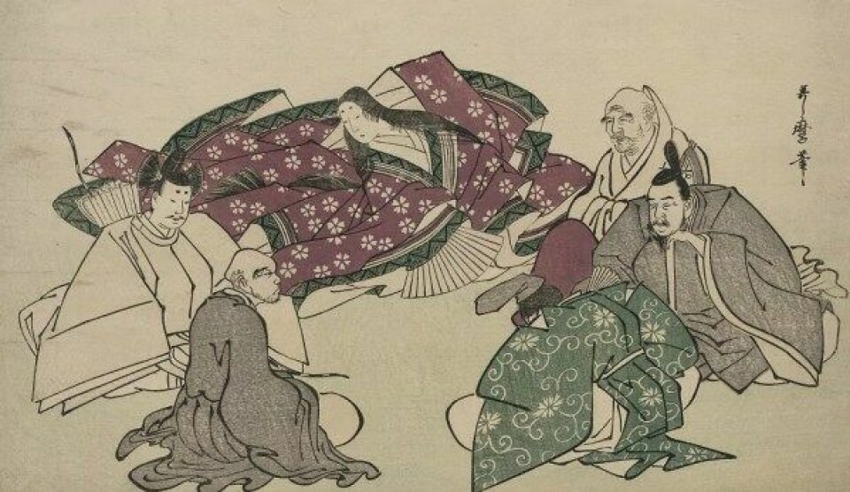Murasaki i samtale med andre poeter. Tresnitt fra 1795. (Kilde: Wikimedia commons)