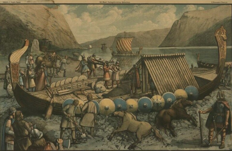 «En vikinghøvdings begravelse» (En vikinghøvdings højsætning) av Carl Schmidt (Kilde: Wikimedia Commons) «En vikinghøvdings begravelse» (En vikinghøvdings højsætning) av Carl Schmidt (Kilde: Wikimedia Commons)