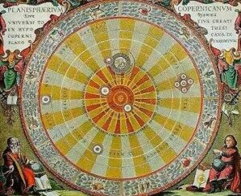 Nikolaus Kopernikus’ heliosentriske solsystem. (Kilde: Wikimedia Commons CC0 1.0)