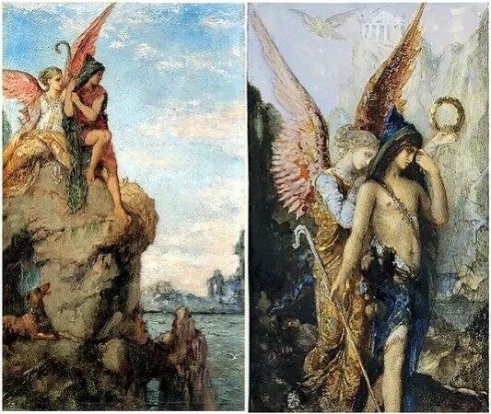 Hesiod og en av de ni musene. Begge malerier er signert Gustave Moreau (Kilde: Wikimedia commons og Wikimedia commons CC0 1.0) Hesiod og en av de ni musene. Begge malerier er signert Gustave Moreau (Kilde: Wikimedia commons og Wikimedia commons CC0 1.0)