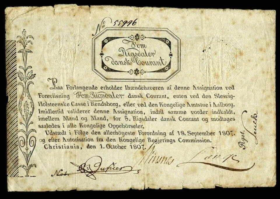5 riksdaler, utstedt i 1807. (Kilde: Wikimedia Commons/National Numismatic Collection, National of American History) 5 riksdaler, utstedt i 1807. (Kilde: Wikimedia Commons/National Numismatic Collection, National of American History)