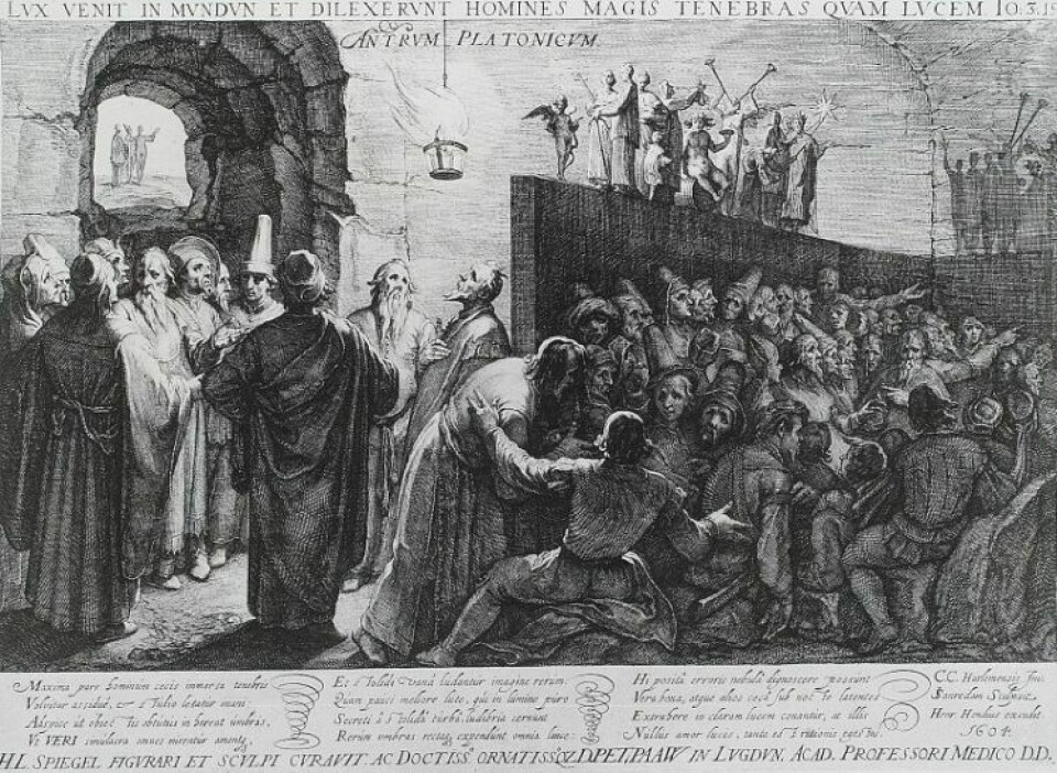 Fremstilling av Platons hulelignelse, av Jan Saendrem. (Kilde: Wikimedia commons)