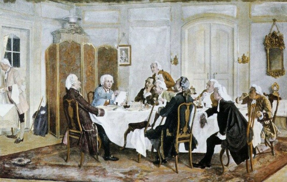 Kant und seine Tischgenossen (1892), malt av Emil Doerstling (1859-1940). (Kilde: Wikimedia Commons CC0 1.0) Kant und seine Tischgenossen (1892), malt av Emil Doerstling (1859-1940). (Kilde: Wikimedia Commons CC0 1.0)