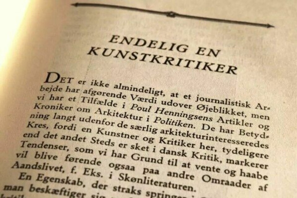 Fra åpningsnummeret av Otto Gelsteds tidsskrift Sirius (1924), der han promoterer nykantianismen og introduserer PH som «Endelig en kunstkritiker». (Foto: Per Anders Aas)
