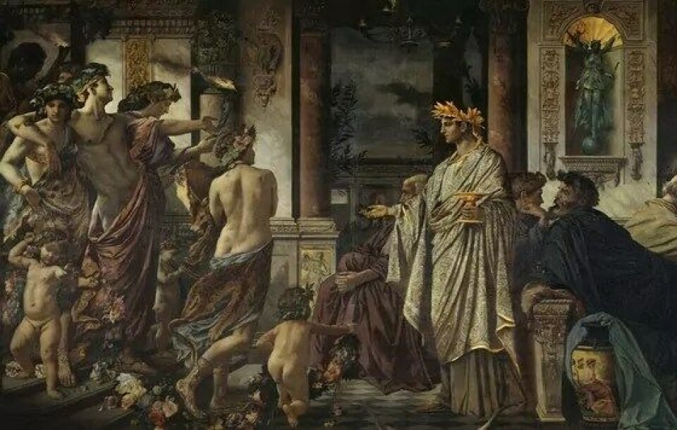 Eros er ikke bare et sentralt tema i Symposion, men i en rekke av Platons dialoger, hevder Jill Gordon i Plato’s Erotic World: From Cosmic Origins to Human Death. Her illustrert med utsnitt fra Anselm Feuerbachs Das Gastmahl. Nach Platon. (Kilde: Wikimedia Commons CC0 1.0) Eros er ikke bare et sentralt tema i Symposion, men i en rekke av Platons dialoger, hevder Jill Gordon i Plato’s Erotic World: From Cosmic Origins to Human Death. Her illustrert med utsnitt fra Anselm Feuerbachs Das Gastmahl. Nach Platon. (Kilde: Wikimedia Commons CC0 1.0)