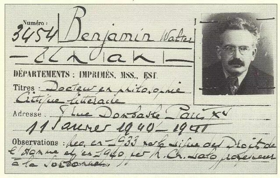 Walter Benjamins bibliotekkort ved Bibliothèque nationale de France. (Kilde: Wikimedia commons)