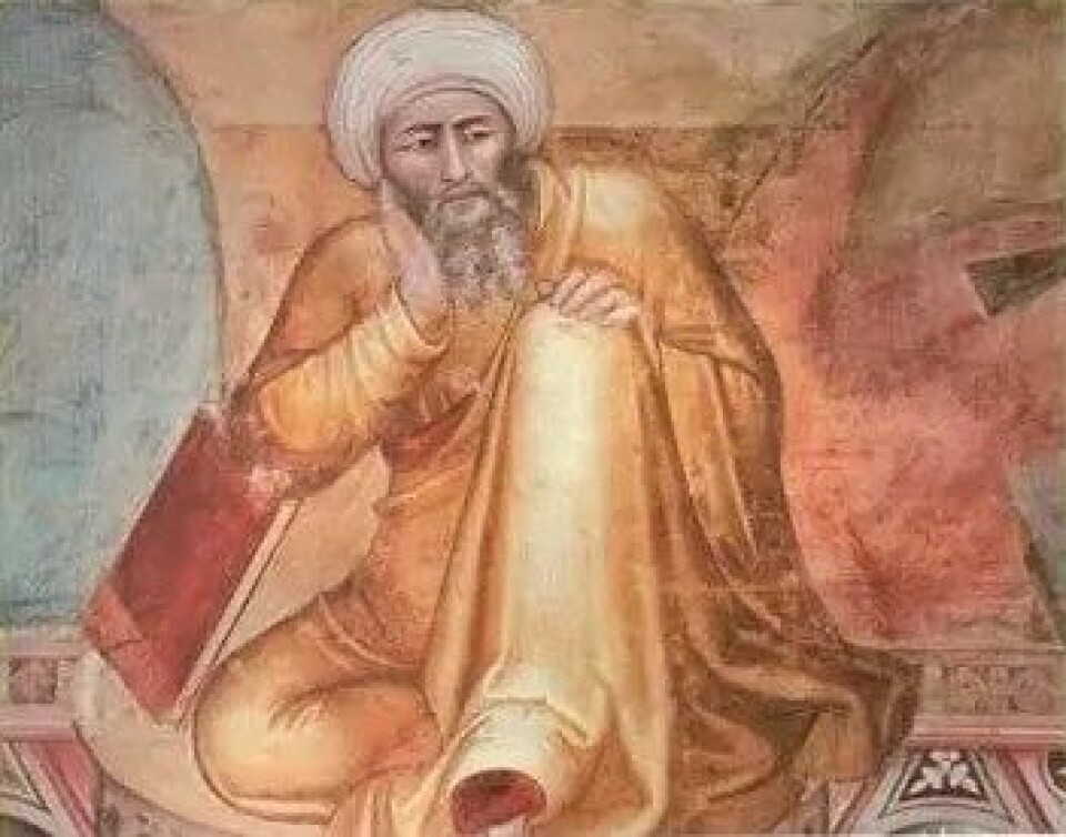 Fremstilling av Averroes i en detalje fra Andrea Bonaiuto’s Triunfo de Santo Tomás. (Kilde: Wikimedia Commons) Fremstilling av Averroes i en detalje fra Andrea Bonaiuto’s Triunfo de Santo Tomás. (Kilde: Wikimedia Commons)