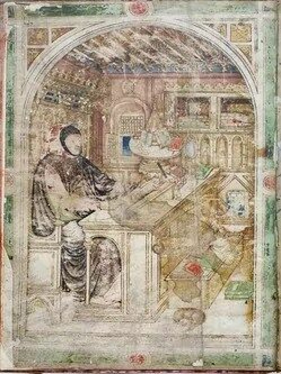 Tittelbildet for manuskriptet til Petracas Om berømte menn, som viser forfatteren i sitt arbeidskammer. (Kilde: Wikimedia commons)