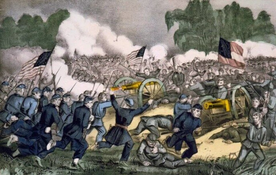 Slaget ved Gettysburg, 3. juli, 1863, fra et litografi. (Kilde: Currier and Ives/ Library of Congress Prints & Photographs Division, Joel Achenbach © 2013. Kun til redaksjonelt bruk.) Slaget ved Gettysburg, 3. juli, 1863, fra et litografi. (Kilde: Currier and Ives/ Library of Congress Prints & Photographs Division, Joel Achenbach © 2013. Kun til redaksjonelt bruk.)