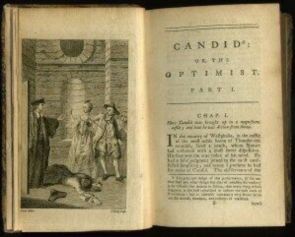 Voltaires Candide (1759) latterligjorde Leibniz’ filosofiske optimisme. (Foto: Wikimedia commons)
