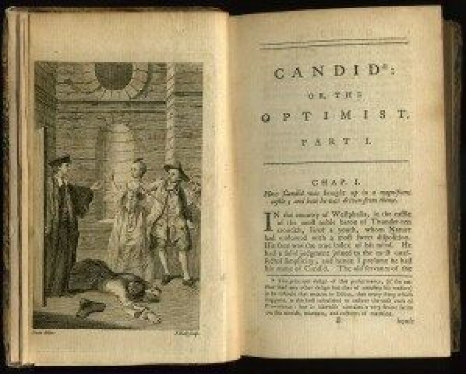 Voltaires Candide (1759) latterligjorde Leibniz’ filosofiske optimisme. (Foto: Wikimedia commons) Voltaires Candide (1759) latterligjorde Leibniz’ filosofiske optimisme. (Foto: Wikimedia commons)