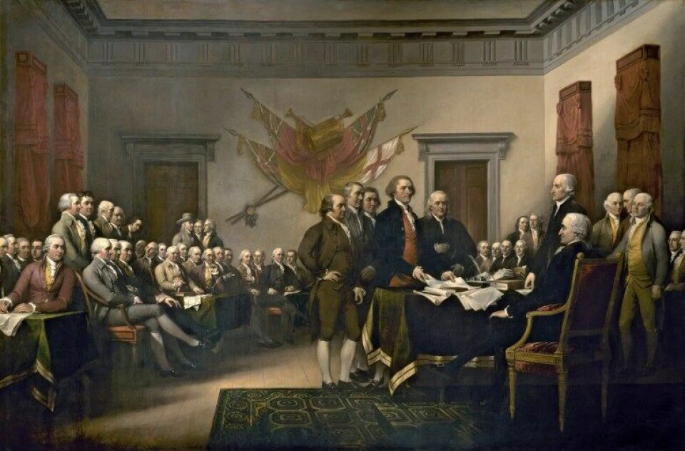 Gardiner henter inspirasjon fra den amerikanske kongressen. Her blir uavhenginghetserklæringen underskrevet. (Ilustrasjon: John Trumbull, The declaration of independence (1818)) Gardiner henter inspirasjon fra den amerikanske kongressen. Her blir uavhenginghetserklæringen underskrevet. (Ilustrasjon: John Trumbull, The declaration of independence (1818))